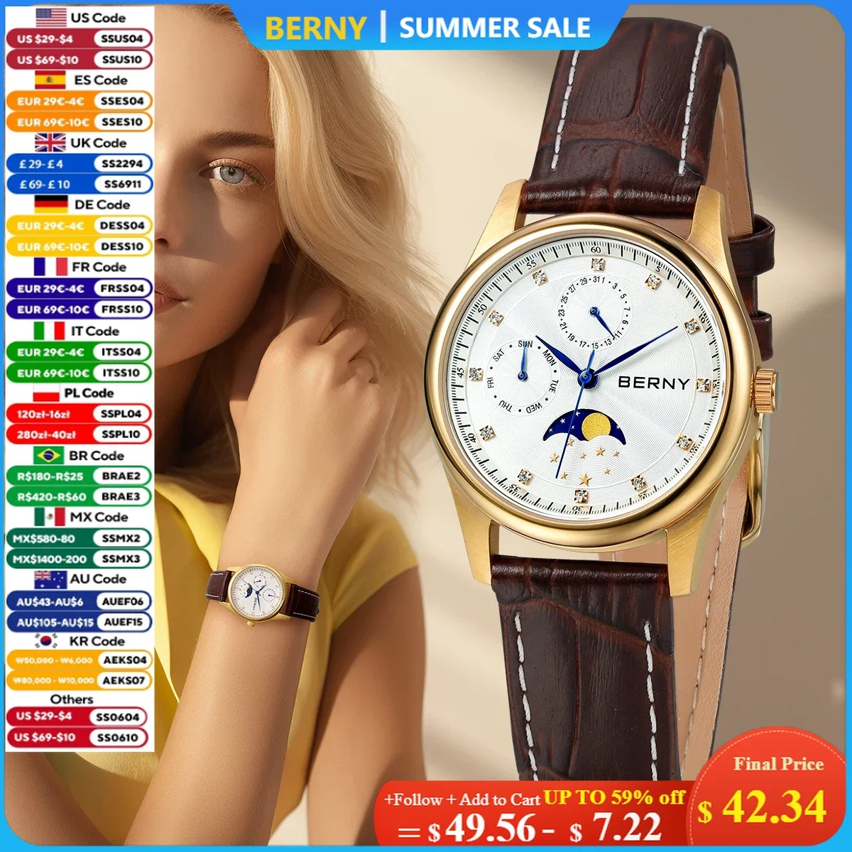 BERNY Watch for Women Calendar Date Week Moon Phase Quartz Women's Watches Leather Strap Elegant Casual Ladies Girl Wristwatch
BERNY Watch for Women Calendar Date Week Moon Phase Quartz Women's Watches Leather Strap Elegant Casual Ladies Girl Wristwatch