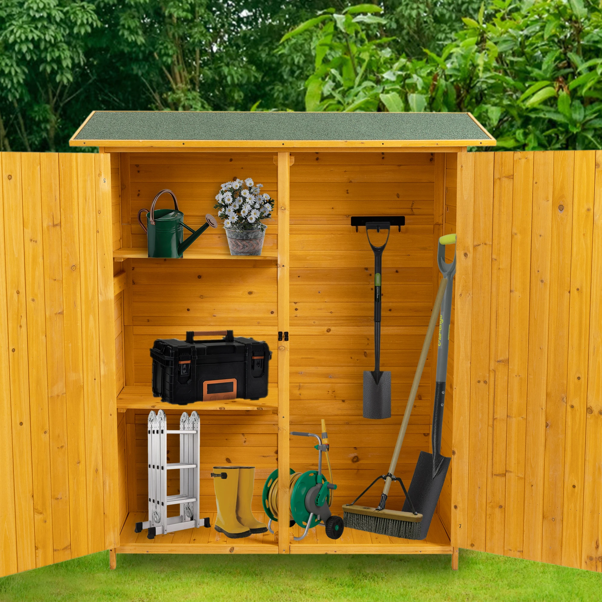 Outdoor Storage Shed with Lockable Door, Wooden Tool Storage Shed with Detachable Shelves and Pitch Roof
Outdoor Storage Shed with Lockable Door, Wooden Tool Storage Shed with Detachable Shelves and Pitch Roof