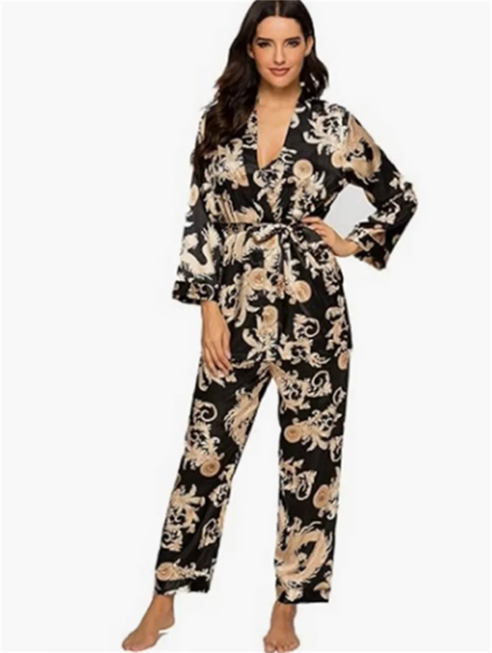 Luxury Royal Silk Satin Pajamas Set 3 Pcs Dragon Floral Printing Silky Pj Suit Sleepwear Cami Nightwear with Robe and Pant 
Luxury Royal Silk Satin Pajamas Set 3 Pcs Dragon Floral Printing Silky Pj Suit Sleepwear Cami Nightwear with Robe and Pant