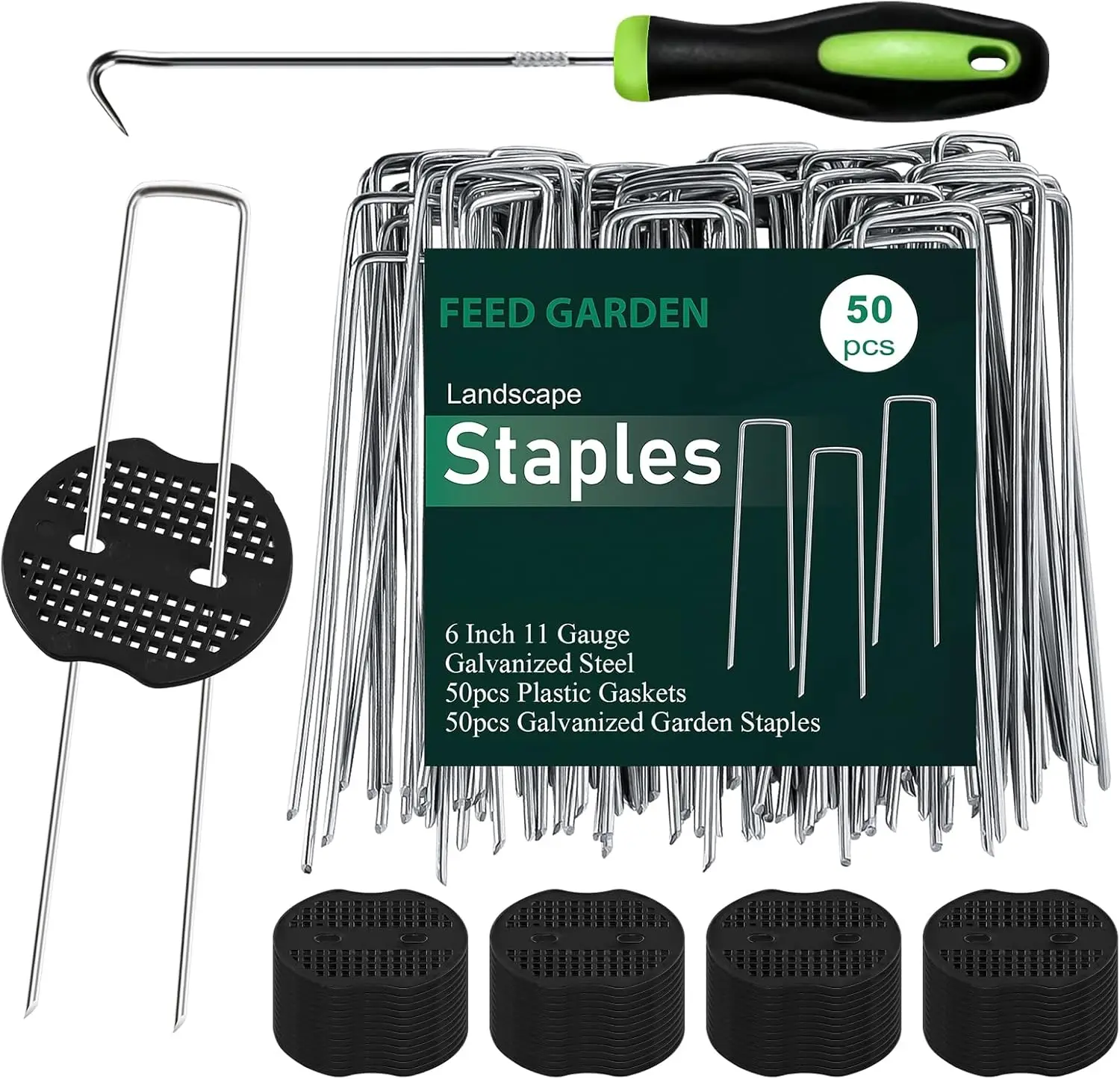 6 Inch 50 Pcs Galvanized Landscape Staples with Gaskets, Heavy Duty 11 Gauge U-Shaped Sod Pins for Weed Barrier Fabric
6 Inch 50 Pcs Galvanized Landscape Staples with Gaskets, Heavy Duty 11 Gauge U-Shaped Sod Pins for Weed Barrier Fabric