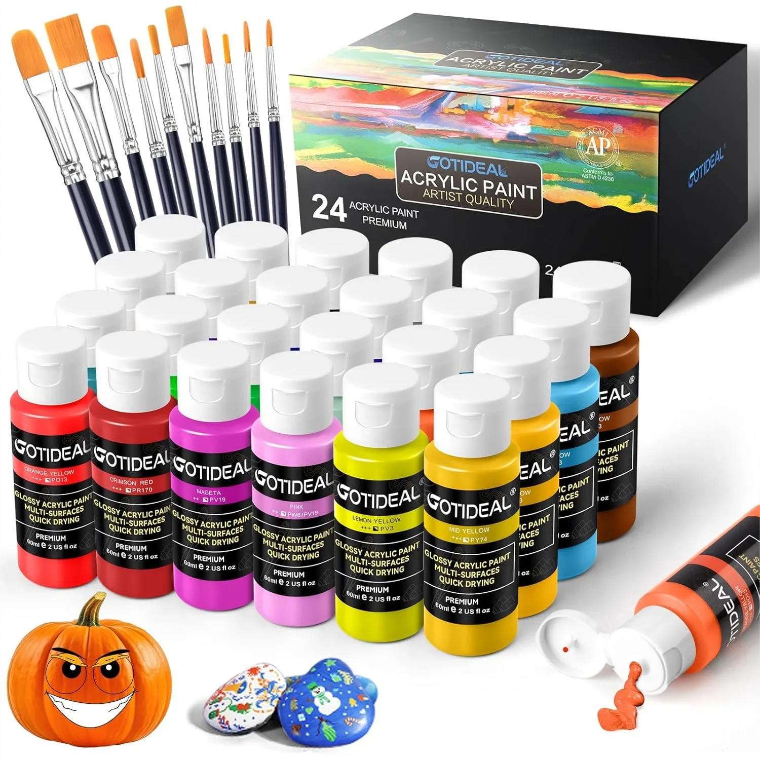 Acrylic Paint Set 24 Colors 2oz with Brushes for Adults Kids Canvas Wood Rock Painting Supplies
Acrylic Paint Set 24 Colors 2oz with Brushes for Adults Kids Canvas Wood Rock Painting Supplies