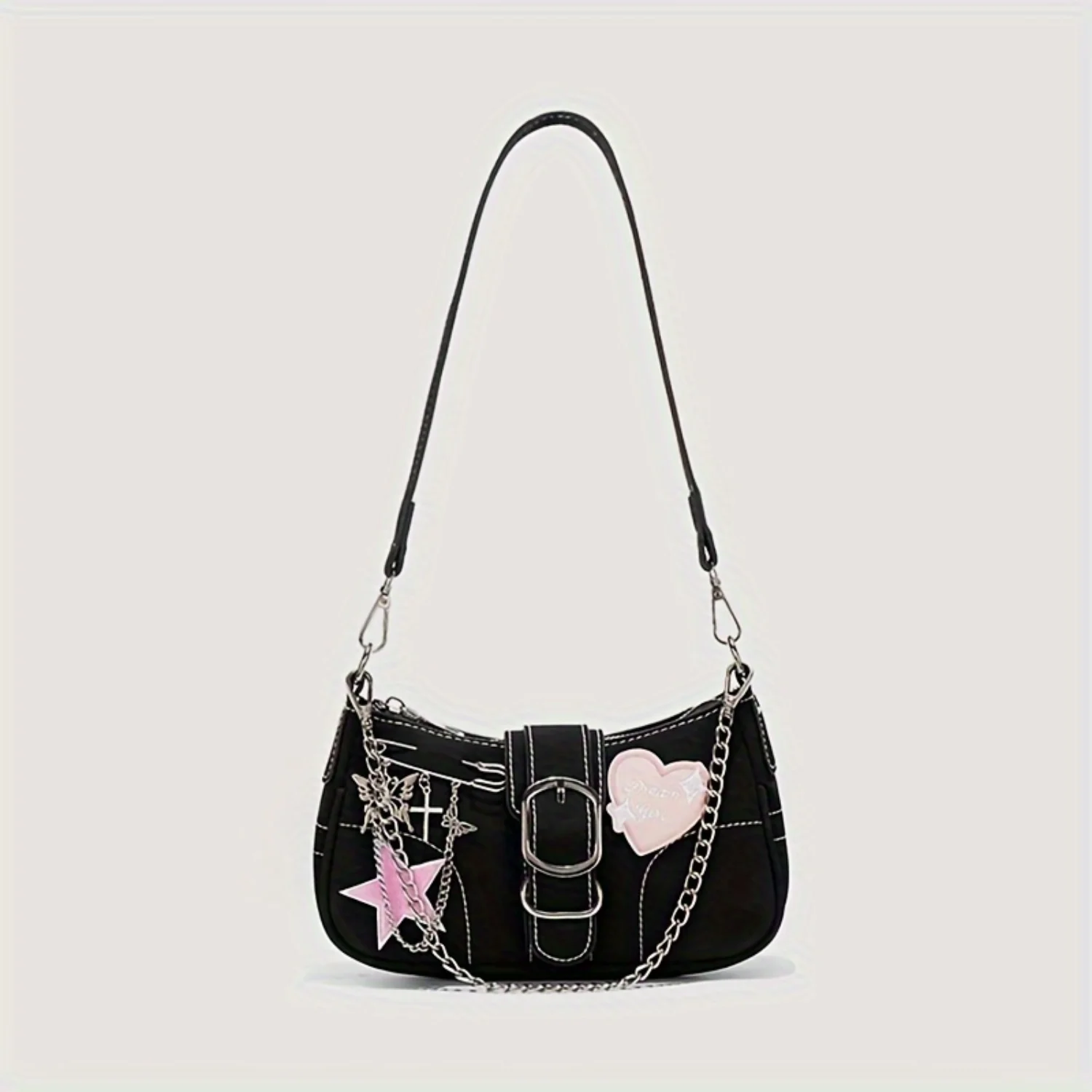 Chic Y2K Heart & Brooch Underarm Bag, Trendy PU Women's Handbag With Chain Strap, Casual Style
Chic Y2K Heart & Brooch Underarm Bag, Trendy PU Women's Handbag With Chain Strap, Casual Style