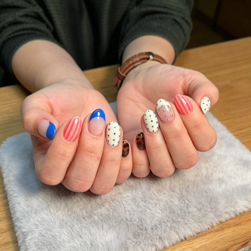 24Pcs False Nails Red and Blue Polka Dots Candy Stripes French Manicure Short Almond Shape Press-On Nails—Perfect for Girls
24Pcs False Nails Red and Blue Polka Dots Candy Stripes French Manicure Short Almond Shape Press-On Nails—Perfect for Girls