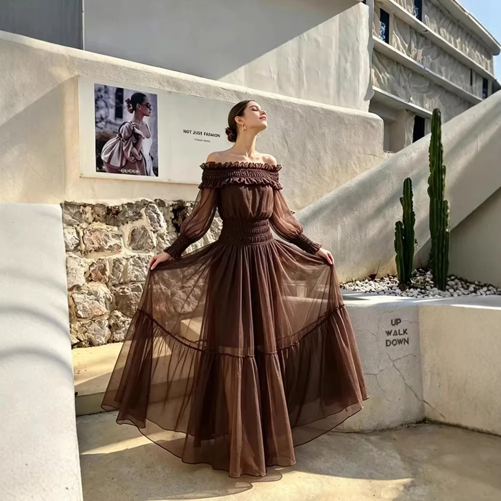 Sexy Off Shoulder Pleated Long Dress Long Sleeve High Waist A-Line Sheer Mesh Dresses Elegant Evening Birthday Party Club Gown
Sexy Off Shoulder Pleated Long Dress Long Sleeve High Waist A-Line Sheer Mesh Dresses Elegant Evening Birthday Party Club Gown