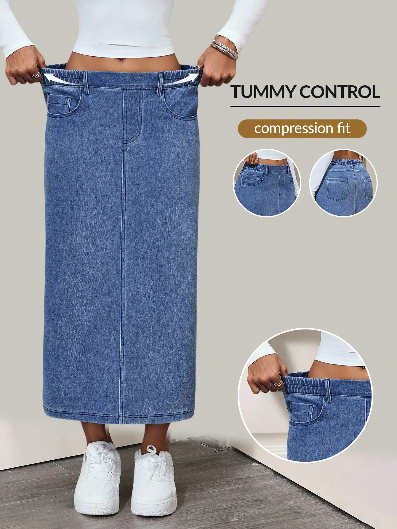 Women's High Elastic Waist Denim Midi Skirt with Pockets and Slit
Women's High Elastic Waist Denim Midi Skirt with Pockets and Slit