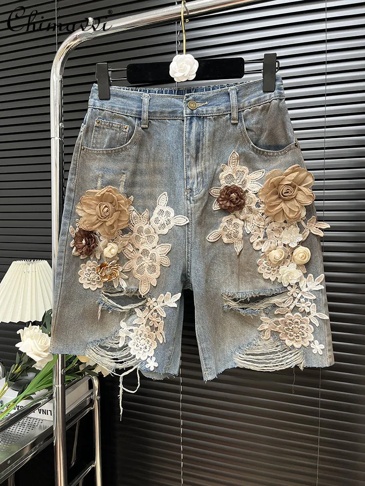 Fashion 3d Flower Lace Splicing Holes Do Old Washed Denim Shorts Women's 2025 Summer Clothes American Retro Straight Pants
Fashion 3d Flower Lace Splicing Holes Do Old Washed Denim Shorts Women's 2025 Summer Clothes American Retro Straight Pants