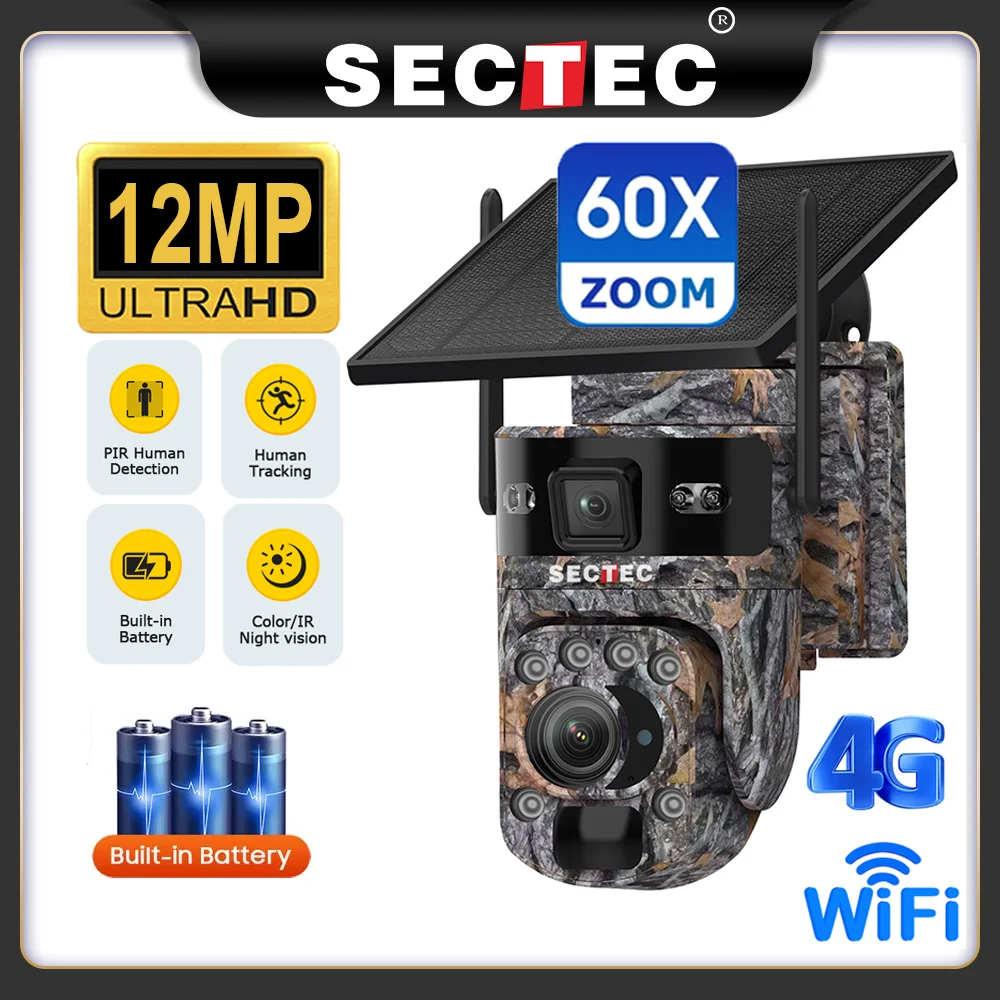 Sectec 60X Optical Zoom Dual Screens 4G Solar Camera 12MP WiFi PTZ PIR Detection Auto Tracking Surveillance Cameras UBox App
Sectec 60X Optical Zoom Dual Screens 4G Solar Camera 12MP WiFi PTZ PIR Detection Auto Tracking Surveillance Cameras UBox App