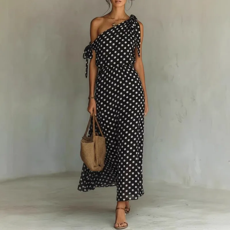 Women Polka Dot Asymmetrical Shoulder Maxi Dress Tie Bow Sleeveless Slim Long Dress Summer Beach Vacation Party Sundress
Women Polka Dot Asymmetrical Shoulder Maxi Dress Tie Bow Sleeveless Slim Long Dress Summer Beach Vacation Party Sundress