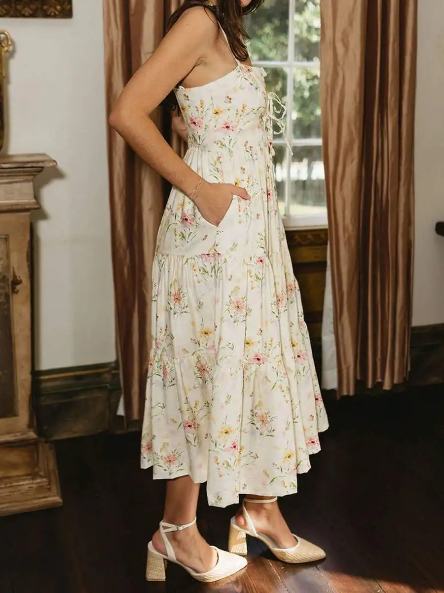 Women Sleeveless Floral Print Tiered Midi Dress With Tie-Up Back For Summer Party
Women Sleeveless Floral Print Tiered Midi Dress With Tie-Up Back For Summer Party