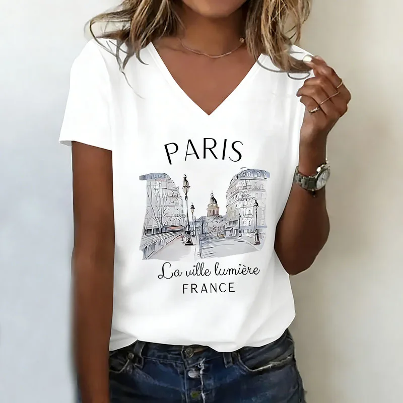 Vintage Paris T-shirt V Neck Casual Fashion Y2k Retro Paris T Shirts Women Short Sleeve Tee Shirt V-Neck Summer Spring
Vintage Paris T-shirt V Neck Casual Fashion Y2k Retro Paris T Shirts Women Short Sleeve Tee Shirt V-Neck Summer Spring
