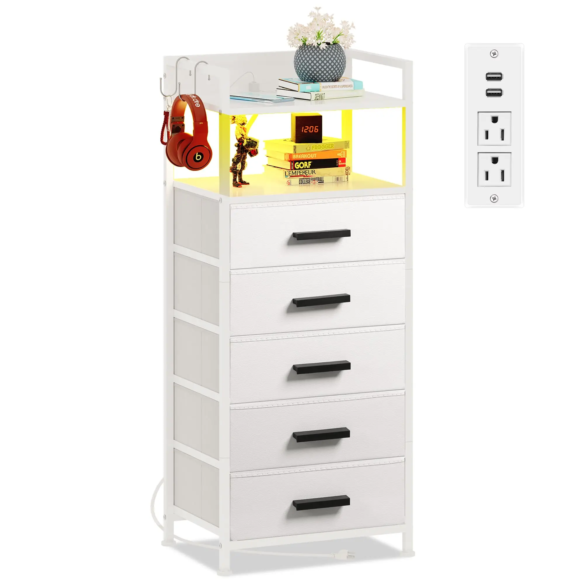 White 5-Drawer Nightstand With LED Lighting, USB Charging Ports, Open Shelf, Hooks, And Fabric Storage For Bedroom Or Entryway
White 5-Drawer Nightstand With LED Lighting, USB Charging Ports, Open Shelf, Hooks, And Fabric Storage For Bedroom Or Entryway