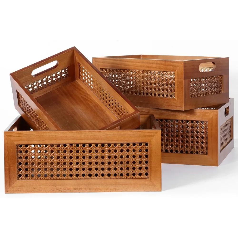 Wooden Storage Basket Set of 4 Handmade Rattan Drawer Storages Box with Frame & Handles Tabletop Shelf Organizer Storage Baskets
Wooden Storage Basket Set of 4 Handmade Rattan Drawer Storages Box with Frame & Handles Tabletop Shelf Organizer Storage Baskets