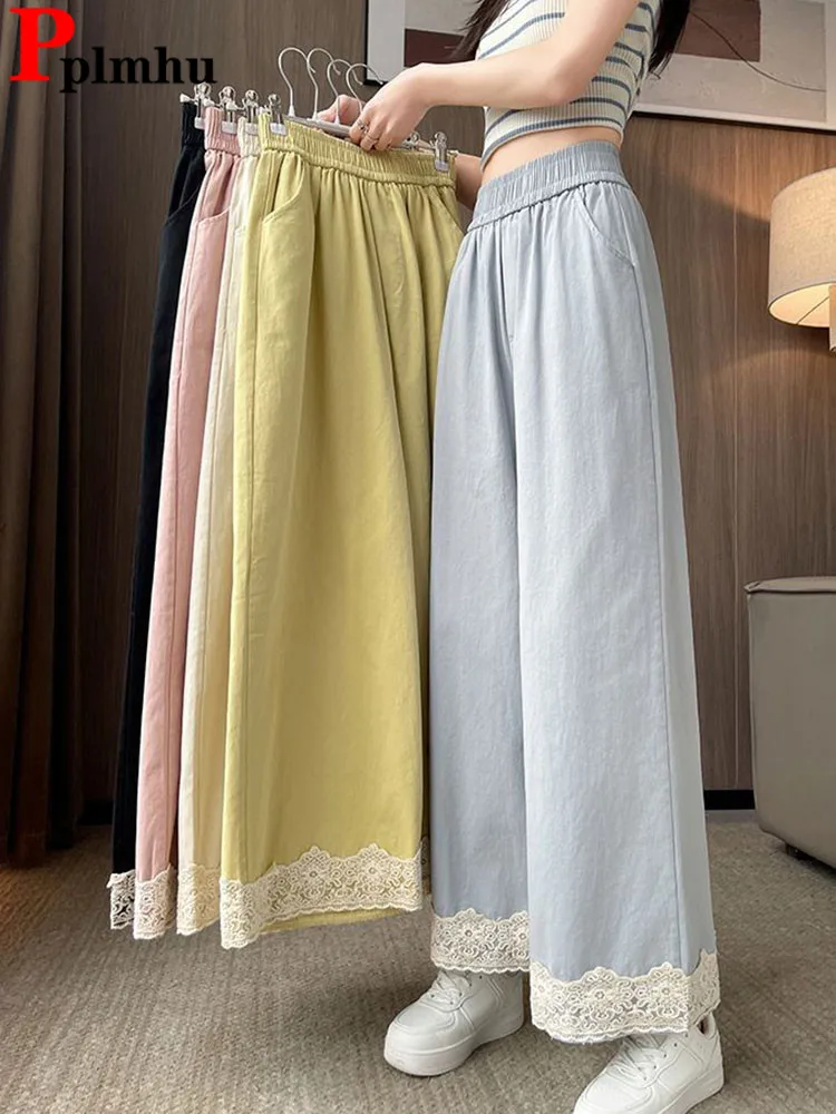 Lace Design Loose Thin Straight Pants Women Casual Elastic High Waist Wide Leg Pantalones Korean Fashion Ankle Length Spodnie
Lace Design Loose Thin Straight Pants Women Casual Elastic High Waist Wide Leg Pantalones Korean Fashion Ankle Length Spodnie