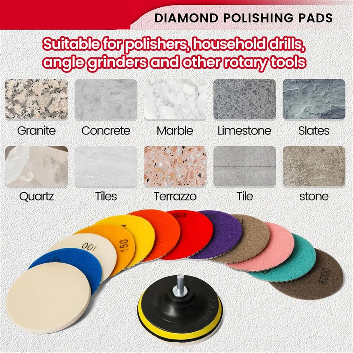 A45I 15PCS 4 Inch Diamond Polishing Pads Set, for Drill, Grinder, Polisher, Wet/Dry Polishing Kit with 5/8inch-11 Backer Pad
A45I 15PCS 4 Inch Diamond Polishing Pads Set, for Drill, Grinder, Polisher, Wet/Dry Polishing Kit with 5/8inch-11 Backer Pad