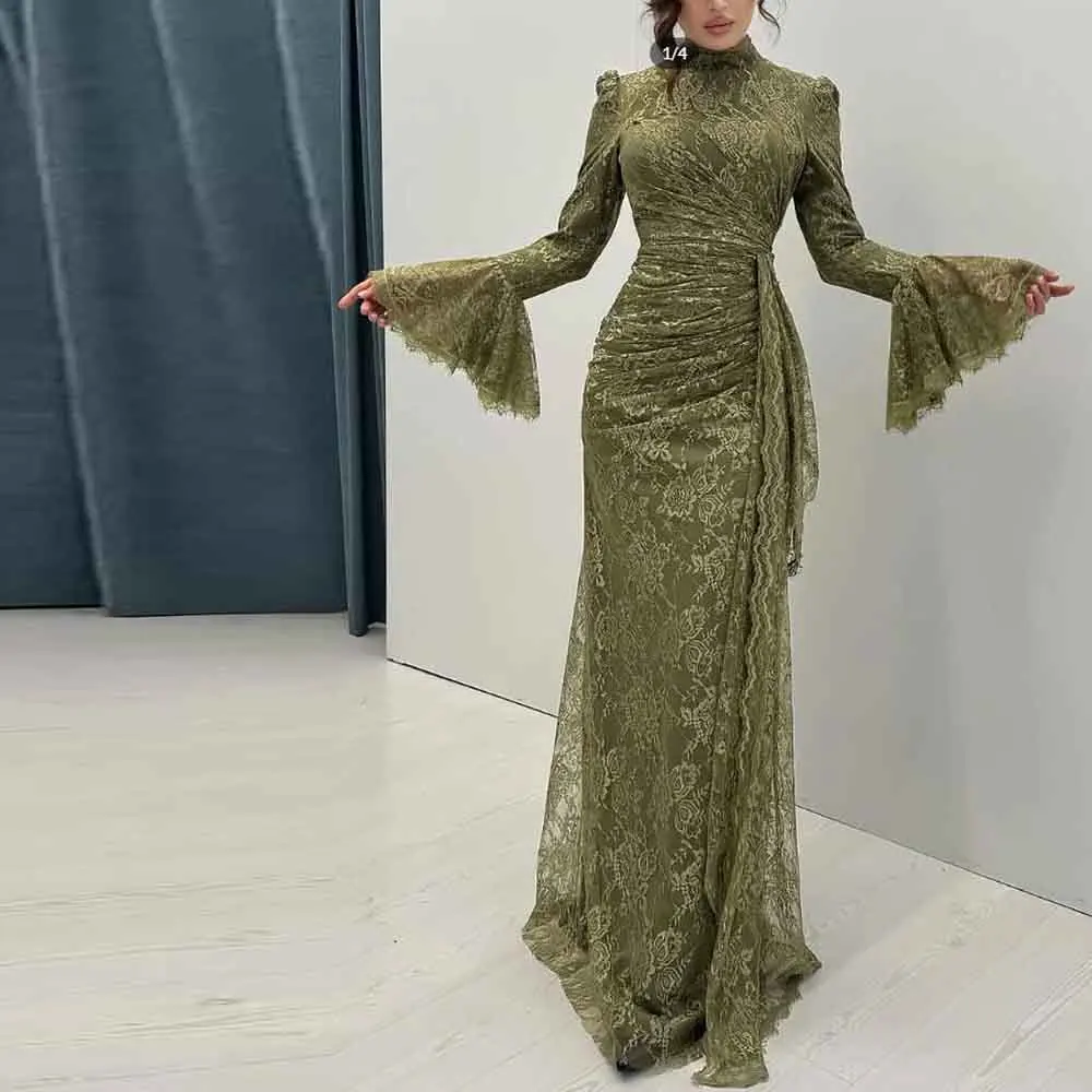 Customized Olive Green Lace Wedding Guest Gown High Collar Flare Sleeve Evening Dress Pleat Soft Long Formal Outfit
Customized Olive Green Lace Wedding Guest Gown High Collar Flare Sleeve Evening Dress Pleat Soft Long Formal Outfit