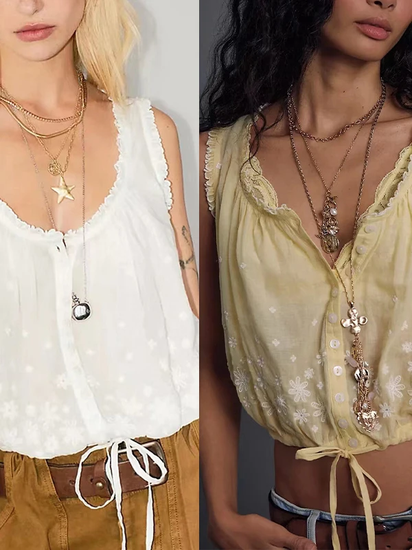 Summer 2026 New Arrival Women's Cotton V-neck Sleeveless Embroidered Drawstring Waist Tie Super Short Top for Teen Girls
Summer 2026 New Arrival Women's Cotton V-neck Sleeveless Embroidered Drawstring Waist Tie Super Short Top for Teen Girls