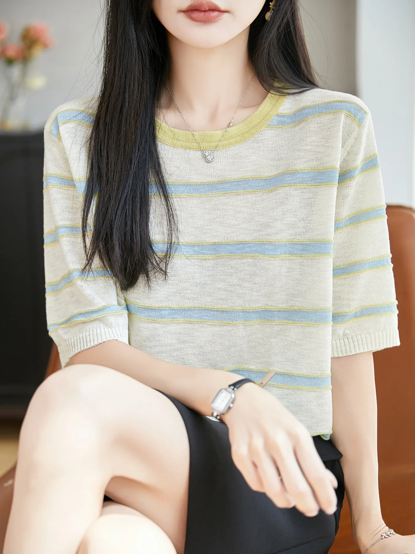 2026 New round Neck Short Sleeve Women's T-Shirt Loose Fit Knitted Bamboo Rayon Stripe Thin Top Casual Style Summer Wear
2026 New round Neck Short Sleeve Women's T-Shirt Loose Fit Knitted Bamboo Rayon Stripe Thin Top Casual Style Summer Wear