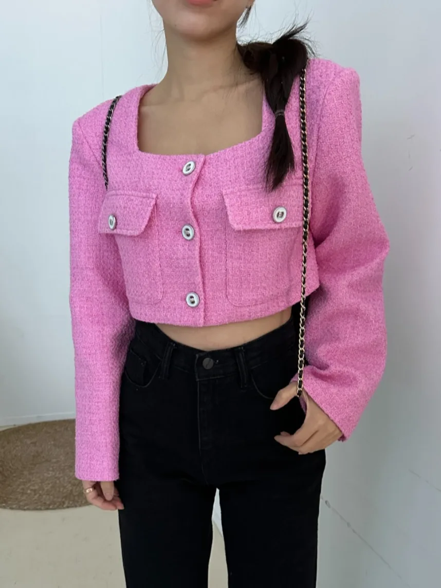 Ele Autumn New Sle Square Collar Romantic Coarse Tweed ort Waist Exposure Design Small Fraance Sle Jaet 
Ele Autumn New Sle Square Collar Romantic Coarse Tweed ort Waist Exposure Design Small Fraance Sle Jaet