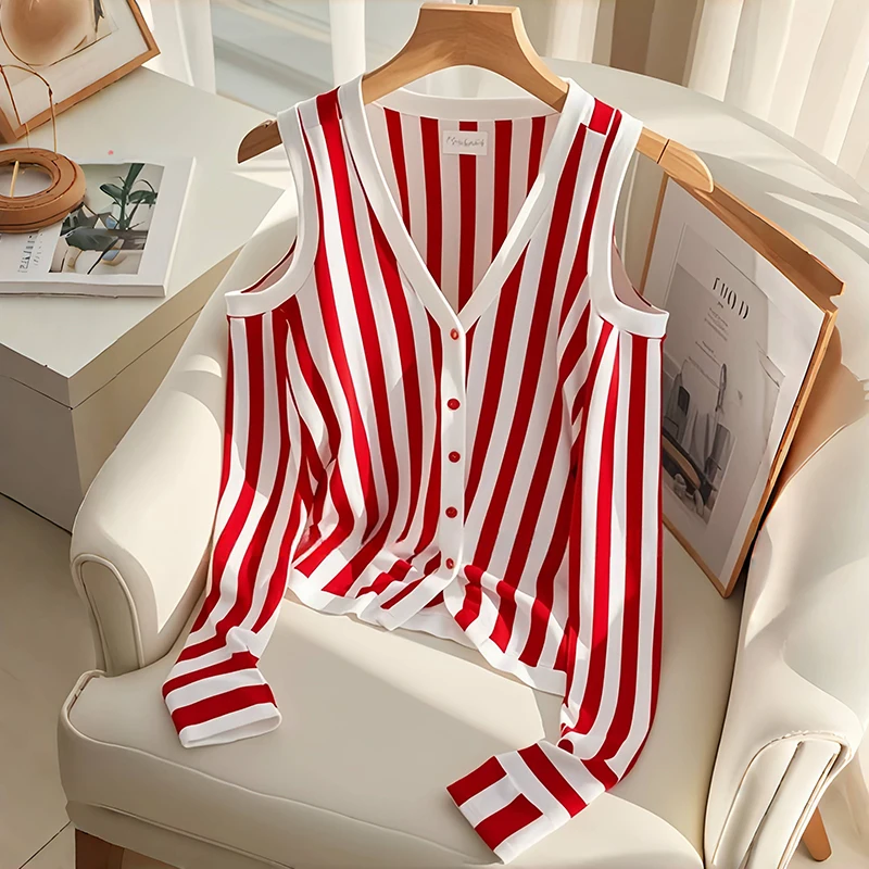 Red Striped V-neck Off shoulder Shirt Women's Spring Korean Long Sleeved Sun Protection Jacket Chic Single Breasted Slim Top
Red Striped V-neck Off shoulder Shirt Women's Spring Korean Long Sleeved Sun Protection Jacket Chic Single Breasted Slim Top