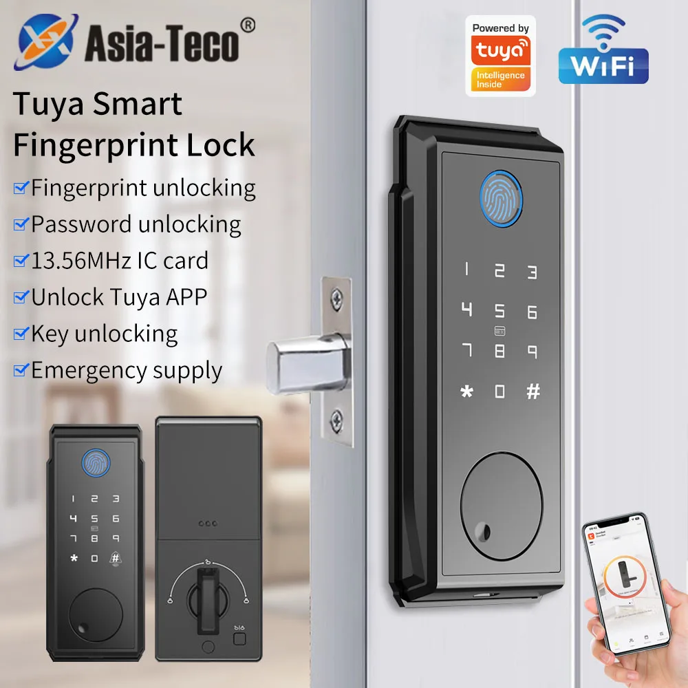 Support Tuya app intelligent WiFi lock fingerprint/IC card keyless numeric keypad and remote unlocking for home security (IP54)