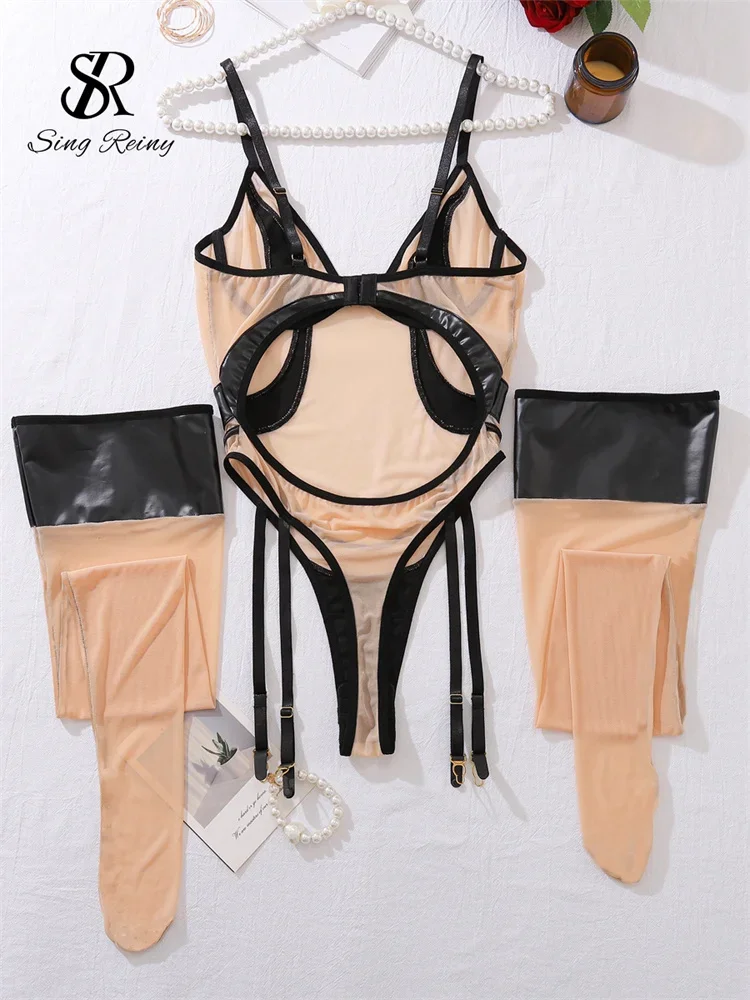 SINGREINY 2025 Mesh Shapewear Bodysuits Ladies Strap Sleeveless Hollow Out Slim PU Leather Patchwork Sheer Playsuit Lingerie Set
SINGREINY 2025 Mesh Shapewear Bodysuits Ladies Strap Sleeveless Hollow Out Slim PU Leather Patchwork Sheer Playsuit Lingerie Set