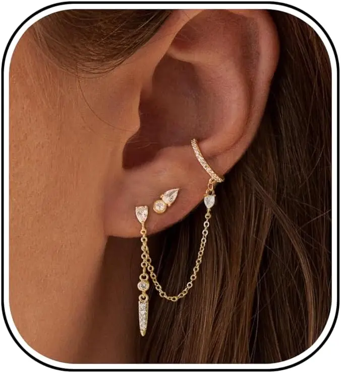 Trendy Gold Earring Set Dainty Chain Stud Huggie Hoops Dangle Threader Stack for Multiple Piercings
Trendy Gold Earring Set Dainty Chain Stud Huggie Hoops Dangle Threader Stack for Multiple Piercings