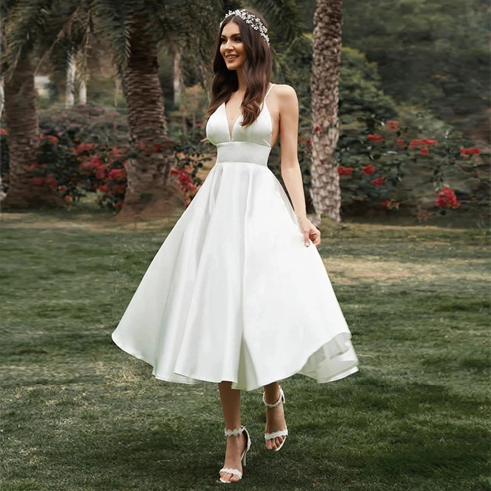 Elegant Simple Spaghetti Straps Satin Short Wedding Dress for Women A-Line Tea Length Bride Gown Beach Vestidos De Novia
Elegant Simple Spaghetti Straps Satin Short Wedding Dress for Women A-Line Tea Length Bride Gown Beach Vestidos De Novia