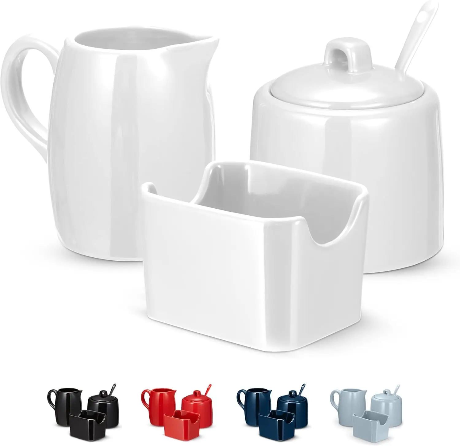 White Ceramic Sugar and Creamer Set, 3 Piece Coffee Bar with Pitcher, Sugar Bowl with Lid and Spoon, Sweetener Holder
White Ceramic Sugar and Creamer Set, 3 Piece Coffee Bar with Pitcher, Sugar Bowl with Lid and Spoon, Sweetener Holder