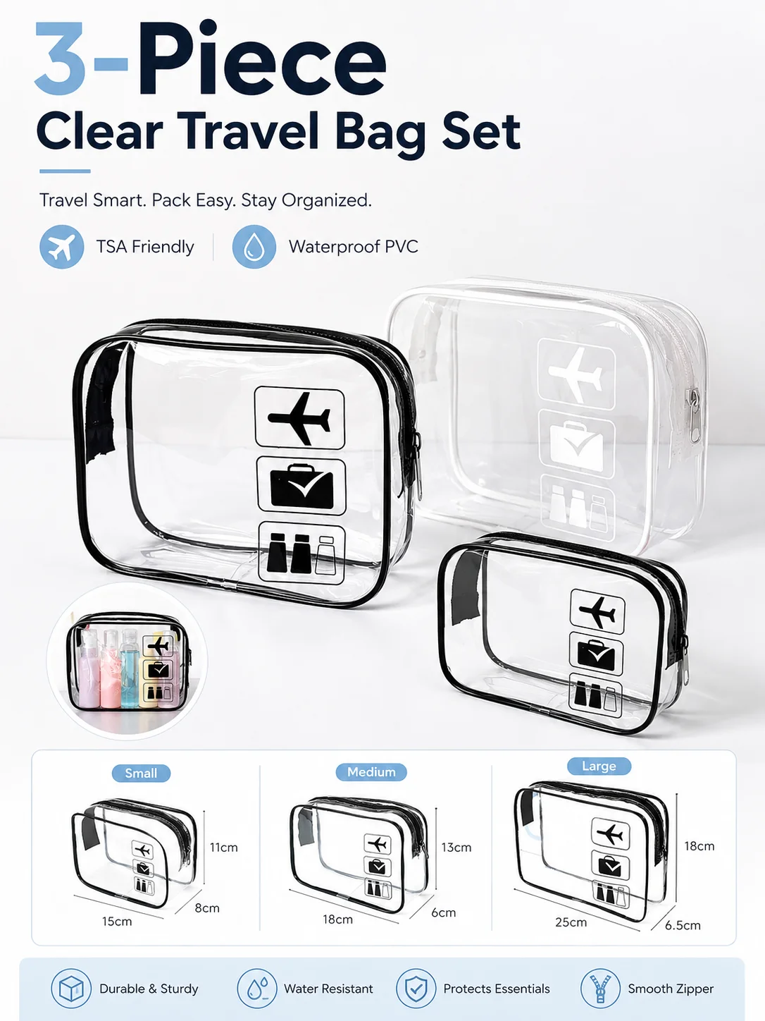 Clear TSA Travel Toiletry Bag Set, Waterproof PVC Cosmetic Organizer Pouch for Women Airport Vanity Storage
Clear TSA Travel Toiletry Bag Set, Waterproof PVC Cosmetic Organizer Pouch for Women Airport Vanity Storage