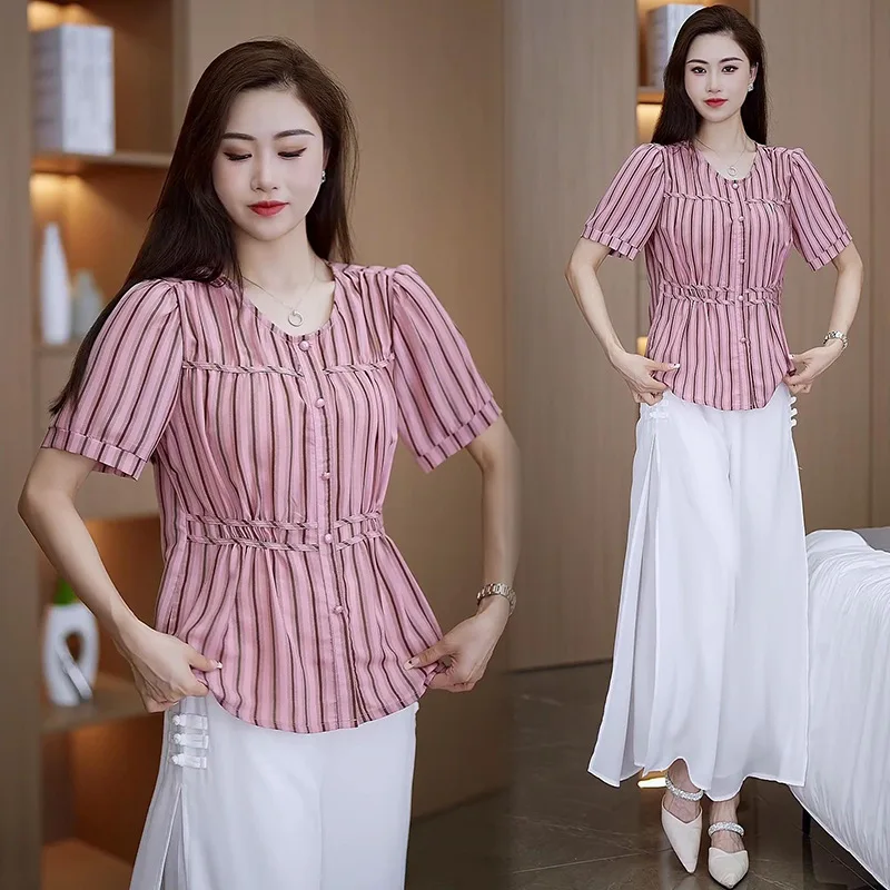 New Chinese Style Fashion Suit Women's Summer New Western Style Slimming Vertical Striped Shirt Wide Leg Pants Two-Piece Suit Fa
New Chinese Style Fashion Suit Women's Summer New Western Style Slimming Vertical Striped Shirt Wide Leg Pants Two-Piece Suit Fa