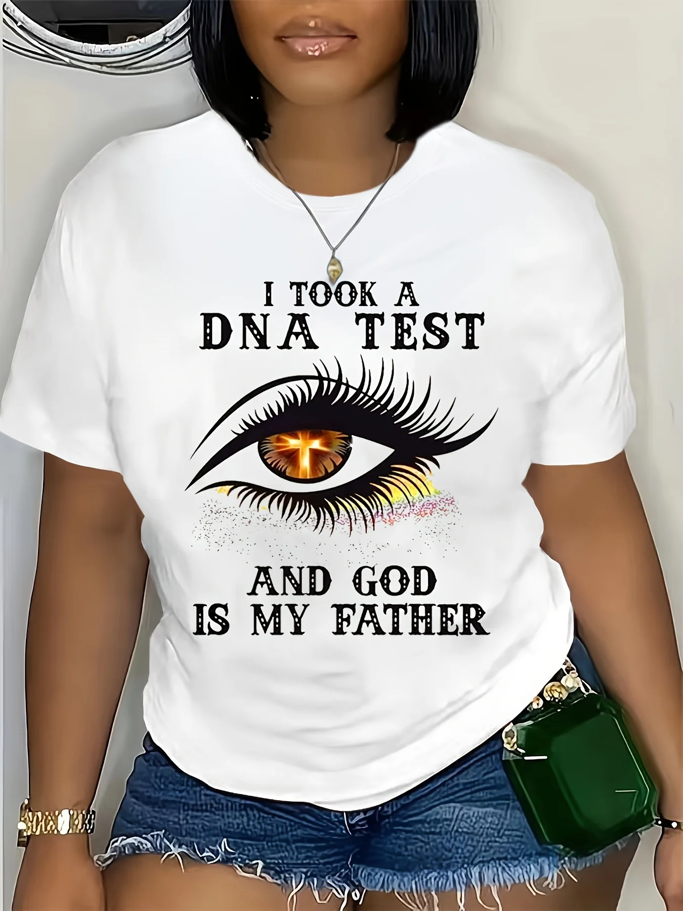 Женская футболка с принтом "DNA Test & God Is My Father" - повседневный топ с круглым вырезом и короткими рукавами, с дизайном в виде глаз, свободного кроя.
Женская футболка с принтом "DNA Test & God Is My Father" - повседневный топ с круглым вырезом и короткими рукавами, с дизайном в виде глаз, свободного кроя.