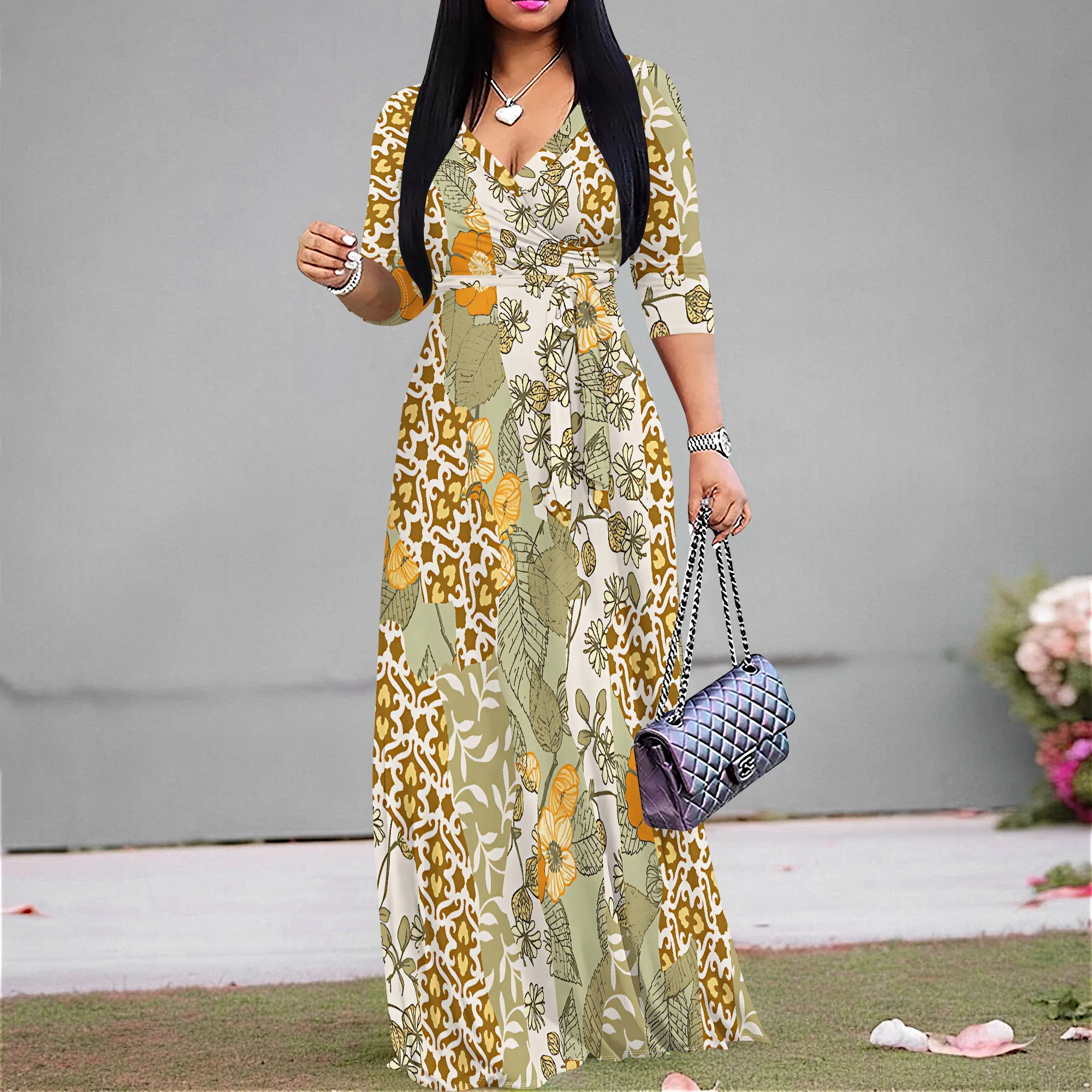 Women's 3/4 Sleeve V Neck Women With Pocket and Bel Long Dress Fashion Printed Split Hem Club Party Casual Vacation Maxi Dress
Women's 3/4 Sleeve V Neck Women With Pocket and Bel Long Dress Fashion Printed Split Hem Club Party Casual Vacation Maxi Dress