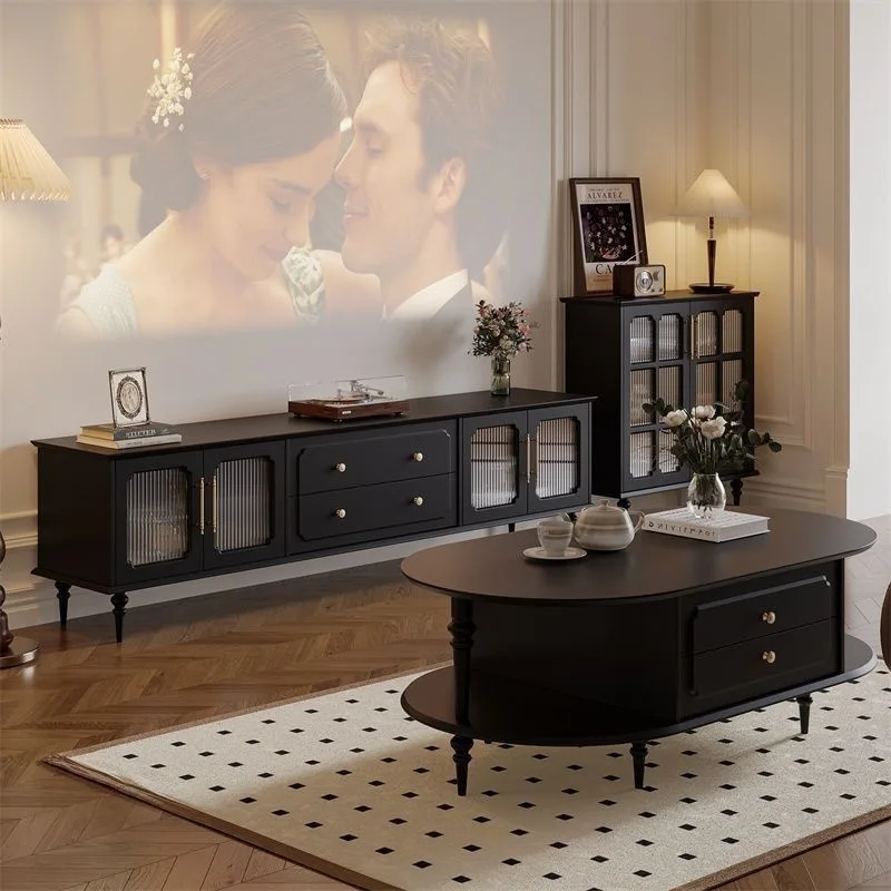 American retro TV cabinet coffee table combination household new French small apartment living room solid wood black TV cabinet
American retro TV cabinet coffee table combination household new French small apartment living room solid wood black TV cabinet