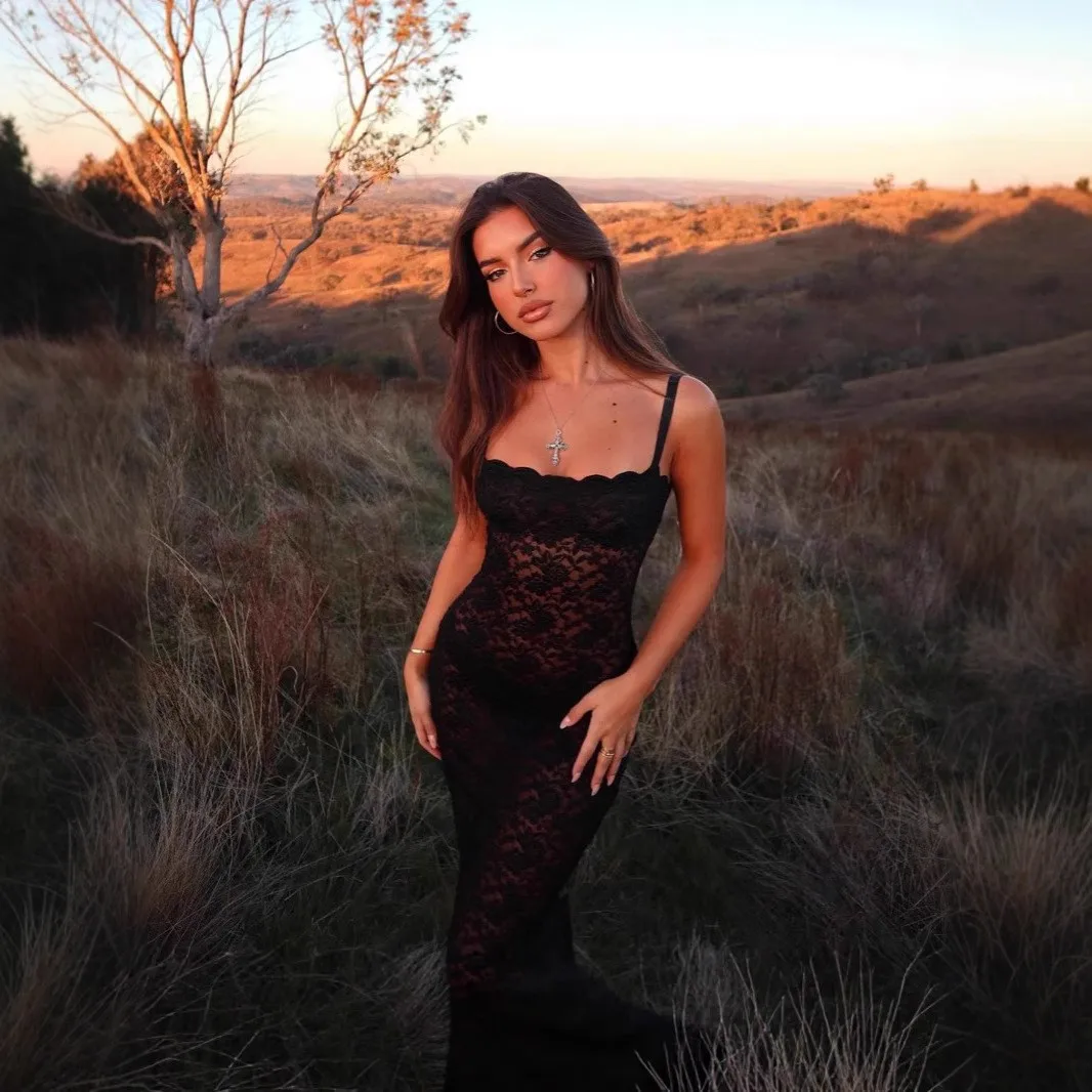 Elegant Party Dress Spaghetti Strap Sheer Lace Midi Dresses Black Off Shoulder Transparent Dress Form Fitting Maxi Wedding Guest
Elegant Party Dress Spaghetti Strap Sheer Lace Midi Dresses Black Off Shoulder Transparent Dress Form Fitting Maxi Wedding Guest