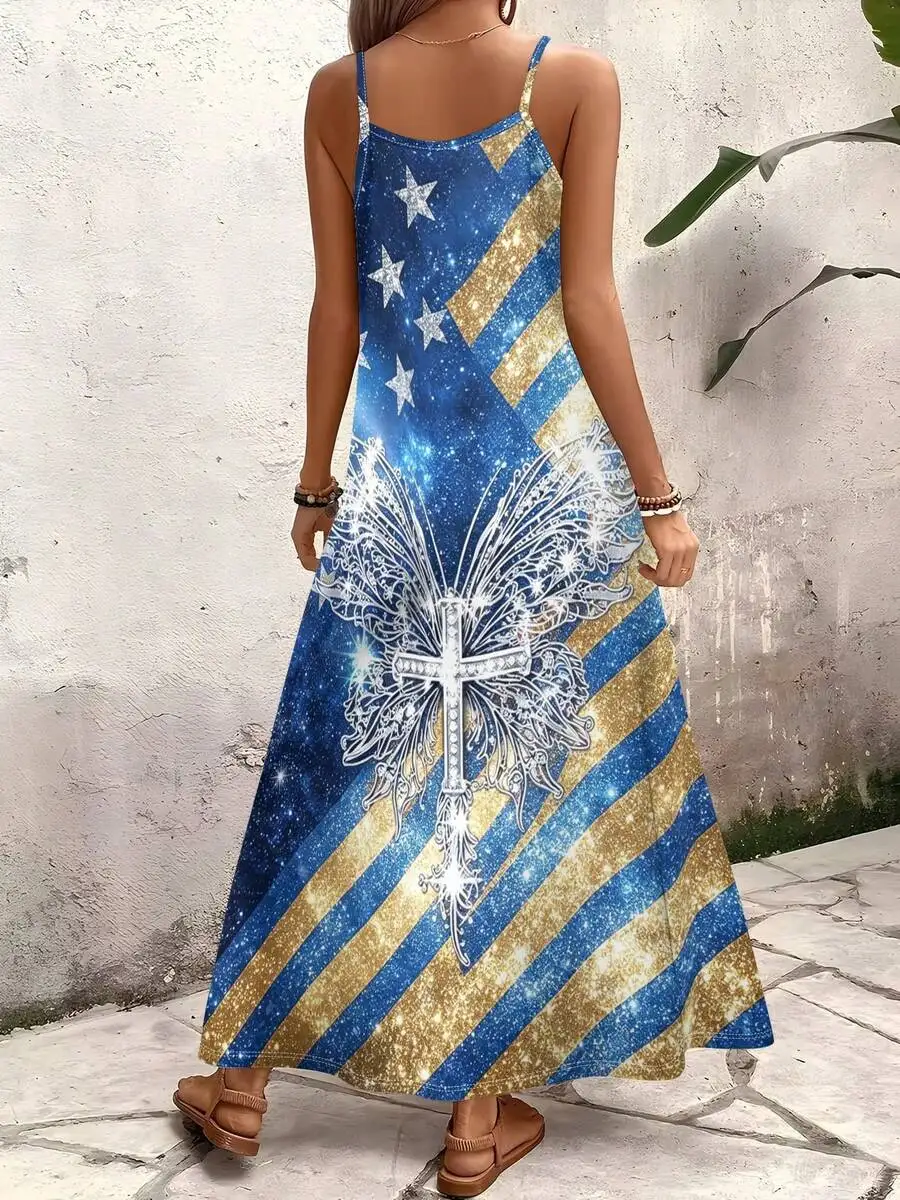 Blue Gold Glitter Star Stripe Butterfly Cross Print Spaghetti Strap A-Line Maxi Dress
Blue Gold Glitter Star Stripe Butterfly Cross Print Spaghetti Strap A-Line Maxi Dress