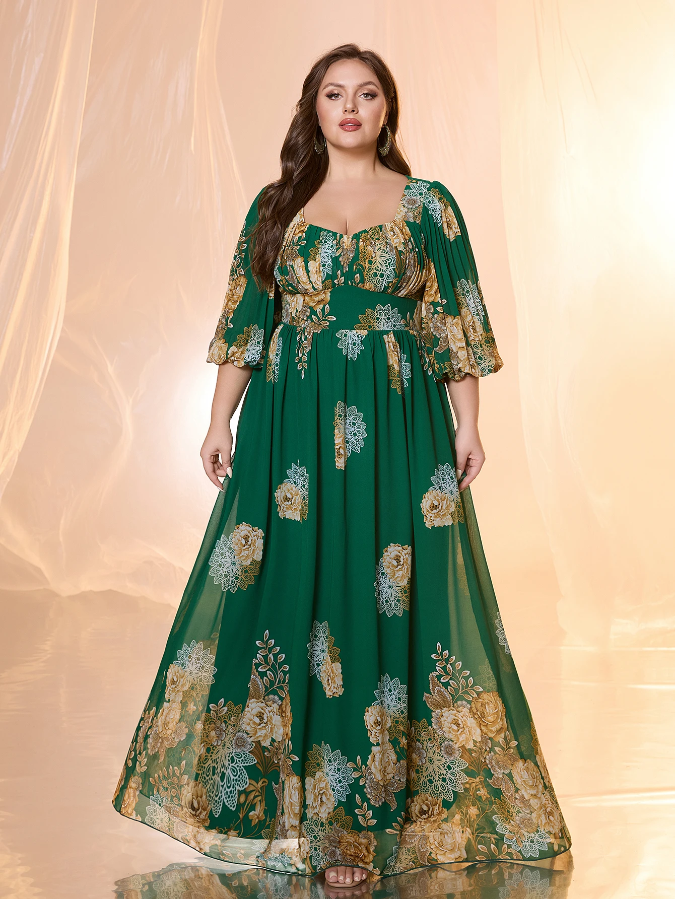 UNITHORSE Plus Size Elegant Floral Chiffon Dress, Round Neck Mid Lantern Sleeve Random Cut Print Maxi Gown
UNITHORSE Plus Size Elegant Floral Chiffon Dress, Round Neck Mid Lantern Sleeve Random Cut Print Maxi Gown