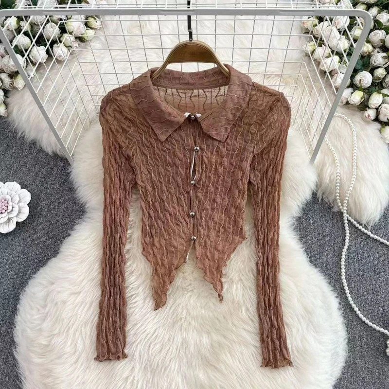 Spring girl laple collar long sleeved shirt women in spring new mesh hollow out irregular hemline unique design short top
Spring girl laple collar long sleeved shirt women in spring new mesh hollow out irregular hemline unique design short top