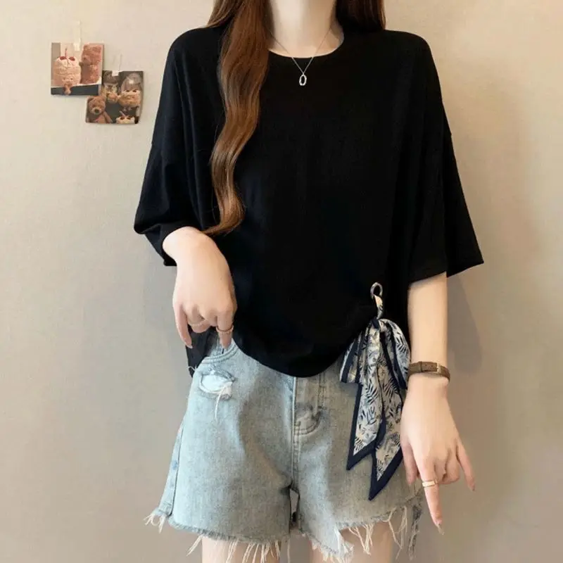 Spring and summer plus-size women's new pure color irregular binding loose slimming and meat-hiding short-sleeve T-shirt
Spring and summer plus-size women's new pure color irregular binding loose slimming and meat-hiding short-sleeve T-shirt