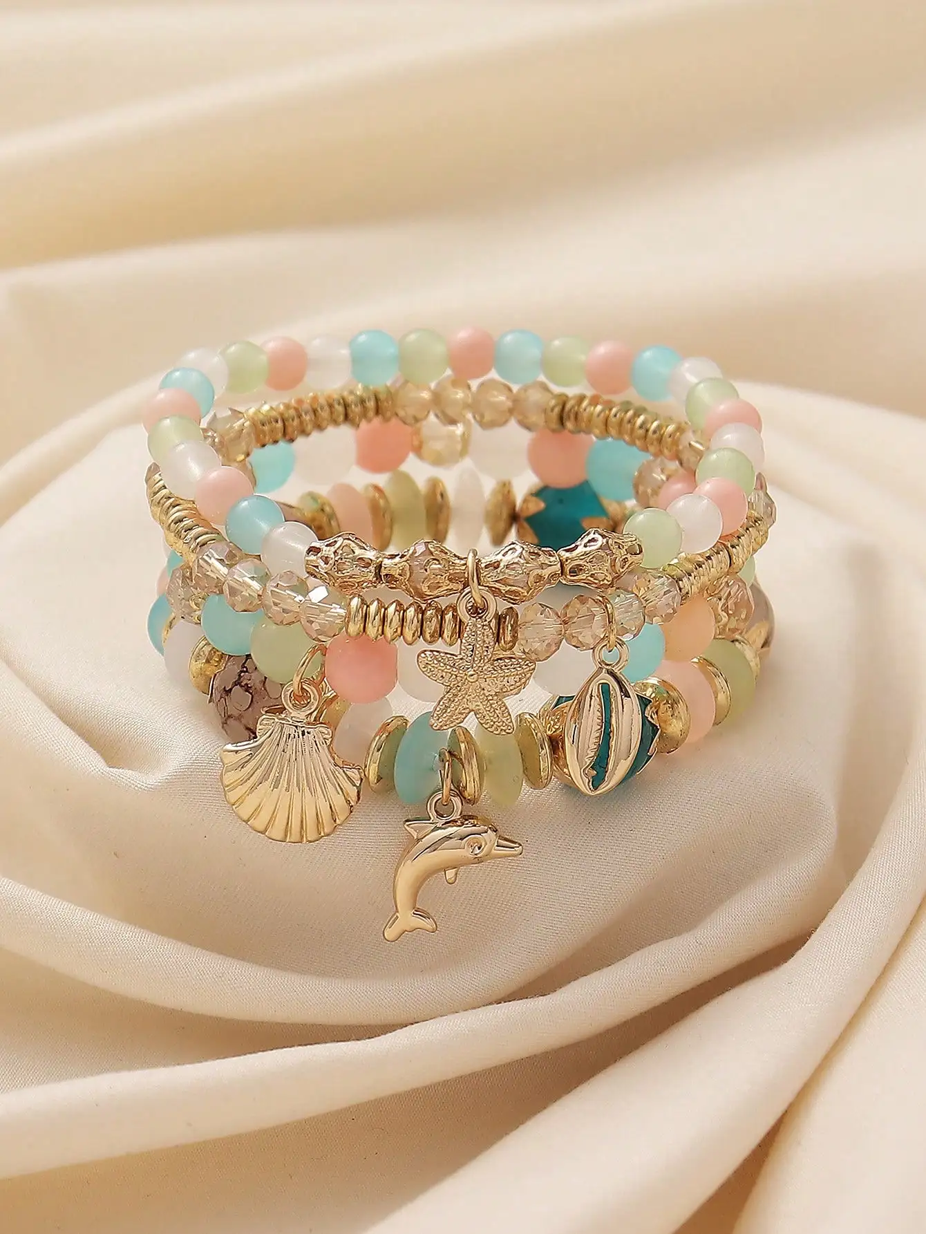 4pcs/Set Bohemian Ocean Style Dolphin, Shell, Starfish Beaded Layered Bracelet Suit, Suitable For Women's Daily, Vacation, Date, Lovely Matching Accessories, Random Color Assortment
4pcs/Set Bohemian Ocean Style Dolphin, Shell, Starfish Beaded Layered Bracelet Suit, Suitable For Women's Daily, Vacation, Date, Lovely Matching Accessories, Random Color Assortment