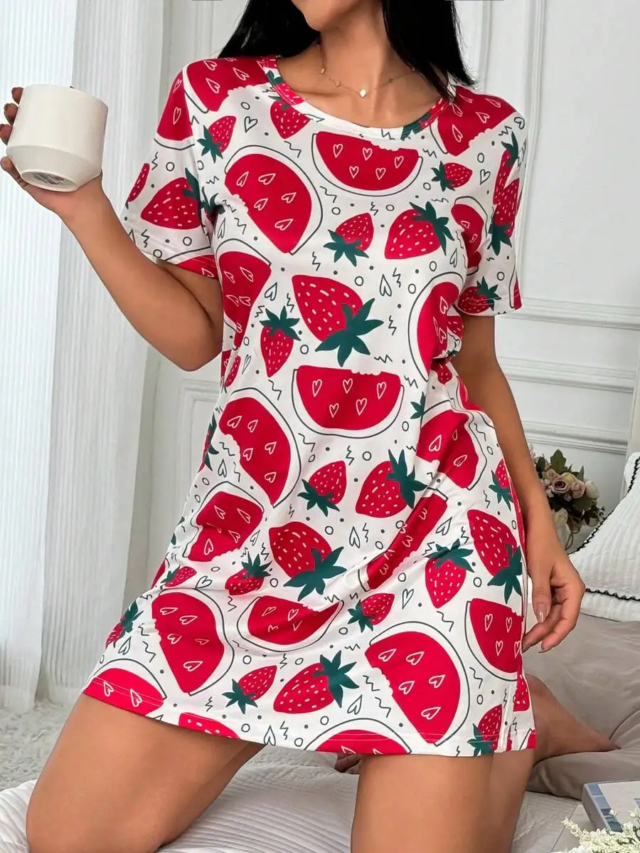 Short Sleeve Round Neck Cartoon Strawberry Watermelon Print Sleep Dress Casual Wear
Short Sleeve Round Neck Cartoon Strawberry Watermelon Print Sleep Dress Casual Wear