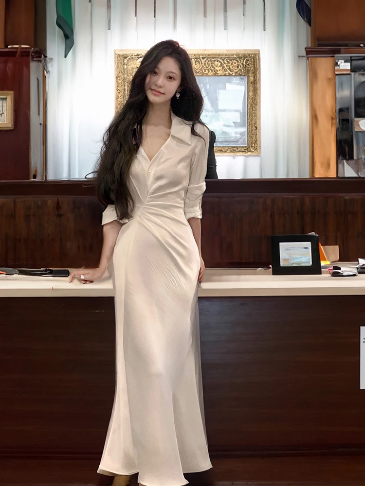 Elegant White Long Sleeve V-Neck Shirt Dress Satin Design Waist-Cinching Fish Tail Skirt High-End Feelment Ladies Fashion
Elegant White Long Sleeve V-Neck Shirt Dress Satin Design Waist-Cinching Fish Tail Skirt High-End Feelment Ladies Fashion