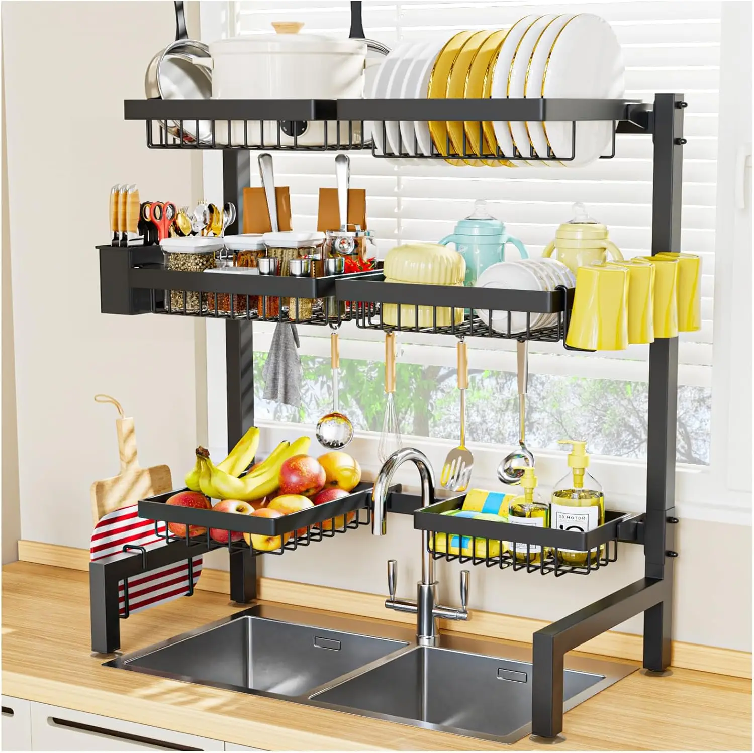 3 Tiers 6 Baskets Dish Drying Rack, 24.8"-35.4",Over Sink Dish Drying Rack, 3-Tier Large Sink Rack for Kitchen, Extensible and A
3 Tiers 6 Baskets Dish Drying Rack, 24.8"-35.4",Over Sink Dish Drying Rack, 3-Tier Large Sink Rack for Kitchen, Extensible and A