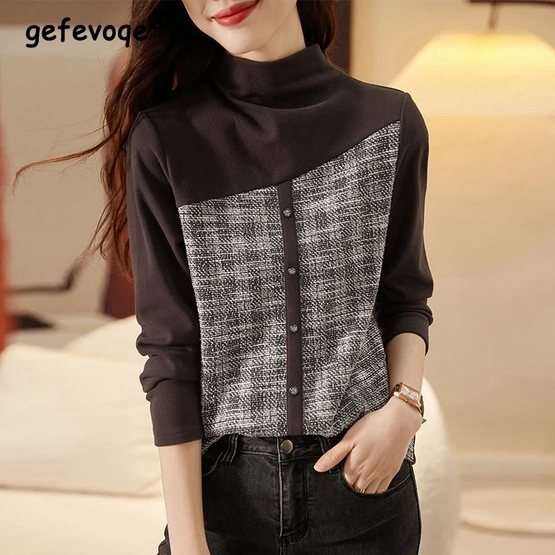 Spring Autumn New High Collar Vintage Plaid Patchwork T-shirt Ladies Casual Fashion Pullover Tops Ladies Oversized All-match Tee
Spring Autumn New High Collar Vintage Plaid Patchwork T-shirt Ladies Casual Fashion Pullover Tops Ladies Oversized All-match Tee