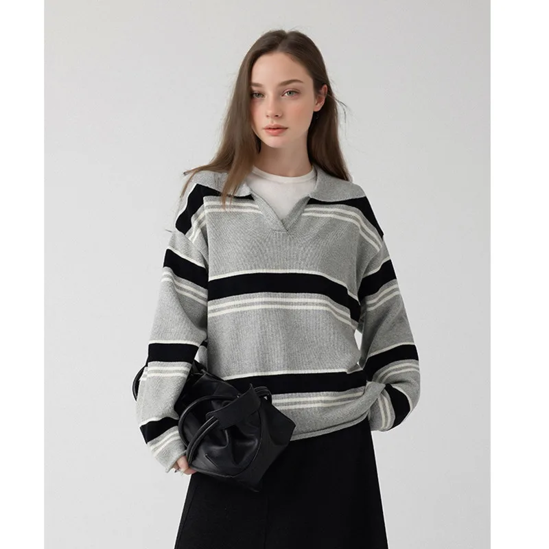 Женский поло в полоску с лацканами, осень 202, свободные корейские вязаные пуловеры из 100% хлопка
Женский поло в полоску с лацканами, осень 202, свободные корейские вязаные пуловеры из 100% хлопка
