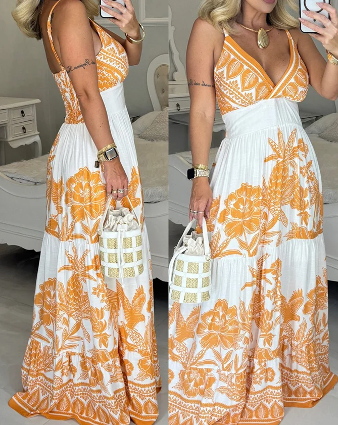 Printed deep V-neck slim shoulder strap long skirt casual shirt waistline women's fashionable casual dress summer new style
Printed deep V-neck slim shoulder strap long skirt casual shirt waistline women's fashionable casual dress summer new style