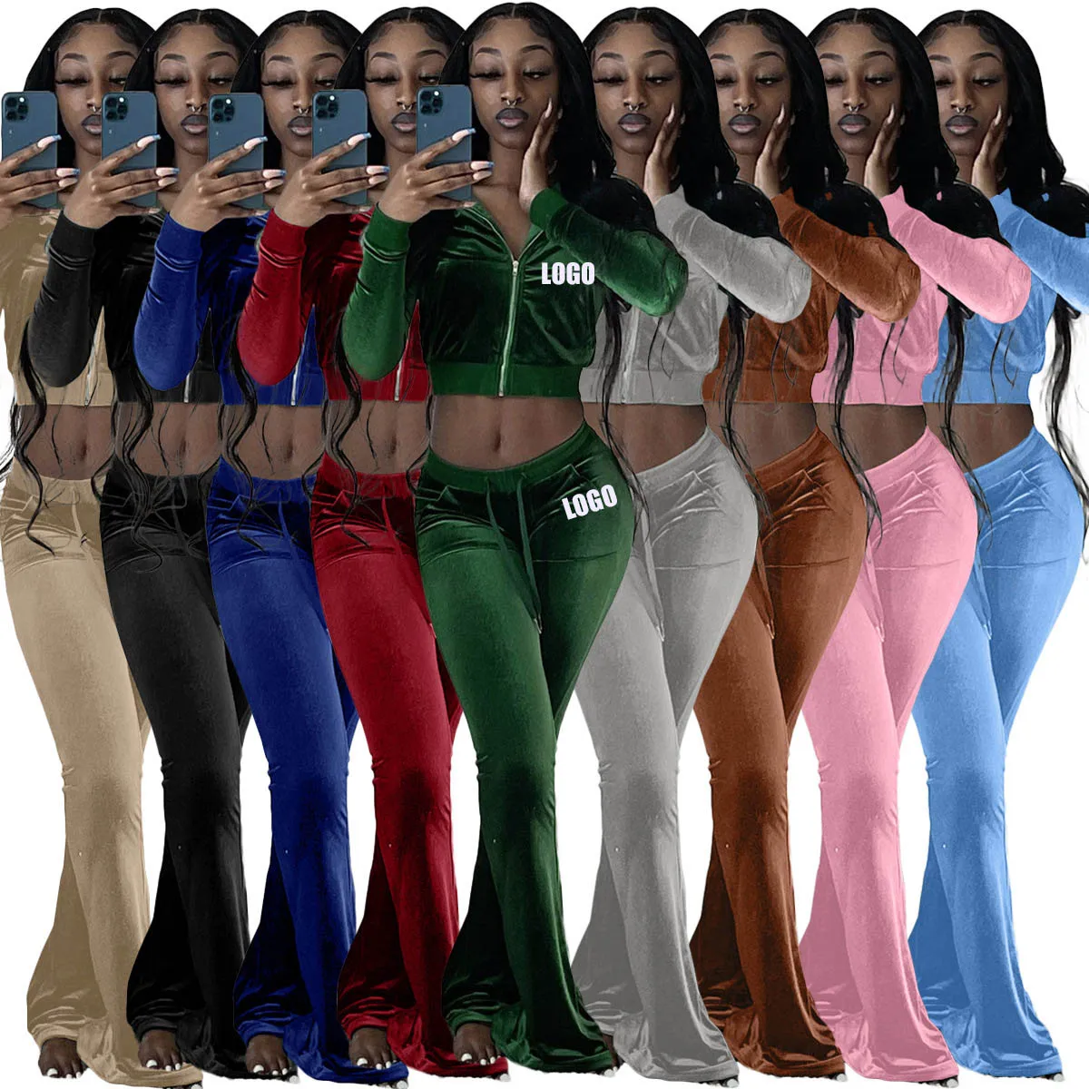 Custom Solid Velour Velvet Two 2 Piece set Women Fall Winter Clothes Full Zip Up Crop Top Flares Pants Women Casual Sets
Custom Solid Velour Velvet Two 2 Piece set Women Fall Winter Clothes Full Zip Up Crop Top Flares Pants Women Casual Sets