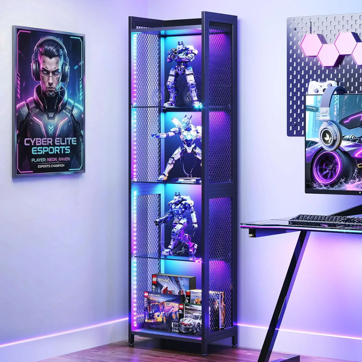 Display Case with LED Lights, Corner Display Cabinet with Open Glass Shelves and Industrial Metal Mesh, 4-Tier Curio Cabinet
Display Case with LED Lights, Corner Display Cabinet with Open Glass Shelves and Industrial Metal Mesh, 4-Tier Curio Cabinet