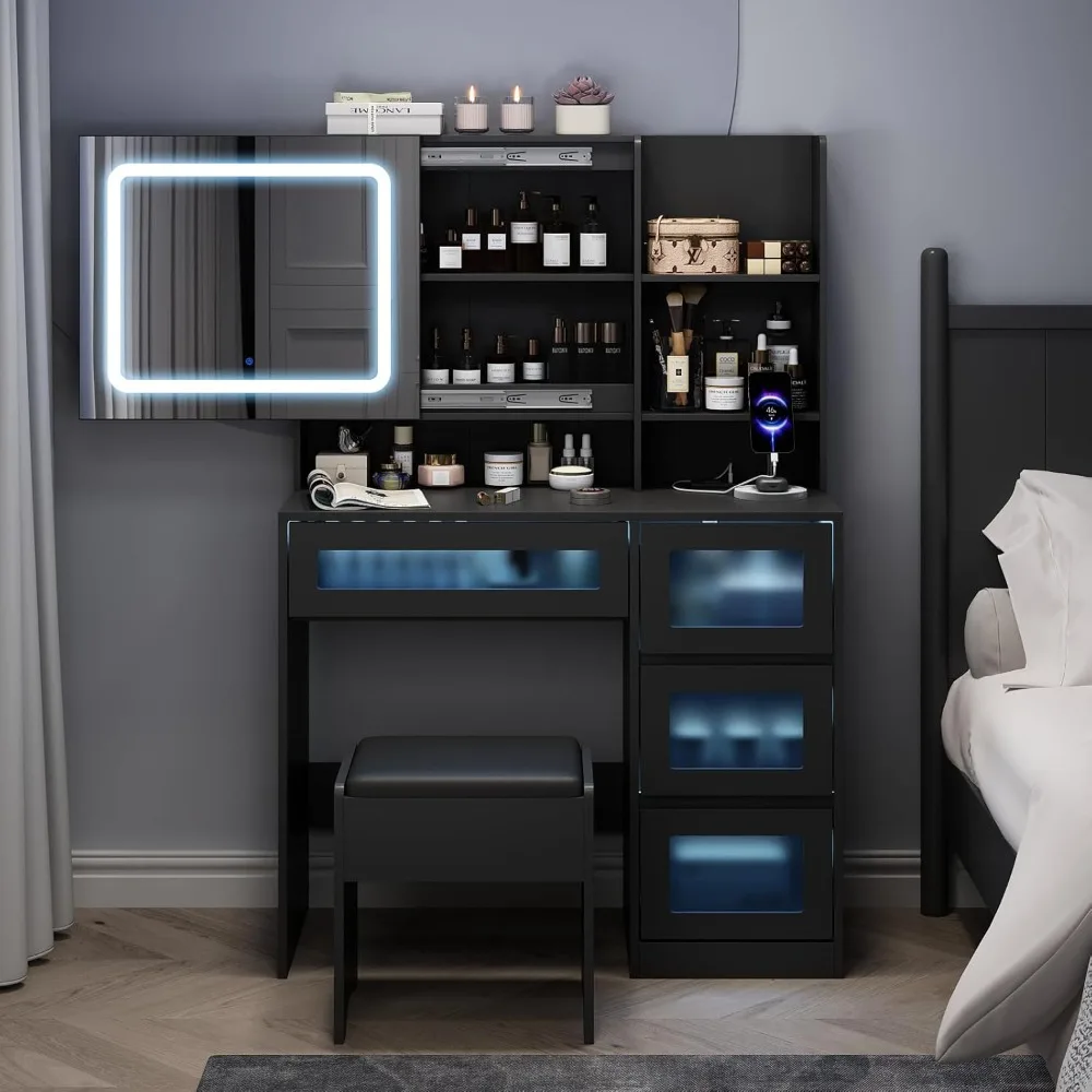 Vanity Desk with LED Sliding Mirror, Dressing Table with 4 Drawers and Stool Set, RGB Lights
Vanity Desk with LED Sliding Mirror, Dressing Table with 4 Drawers and Stool Set, RGB Lights