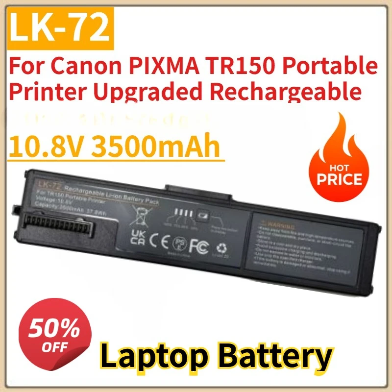 New 10.8V 3500mAh Battery Pack LK-72 for Canon PIXMA TR150 Portable Printer Upgraded Rechargeable Battery
New 10.8V 3500mAh Battery Pack LK-72 for Canon PIXMA TR150 Portable Printer Upgraded Rechargeable Battery