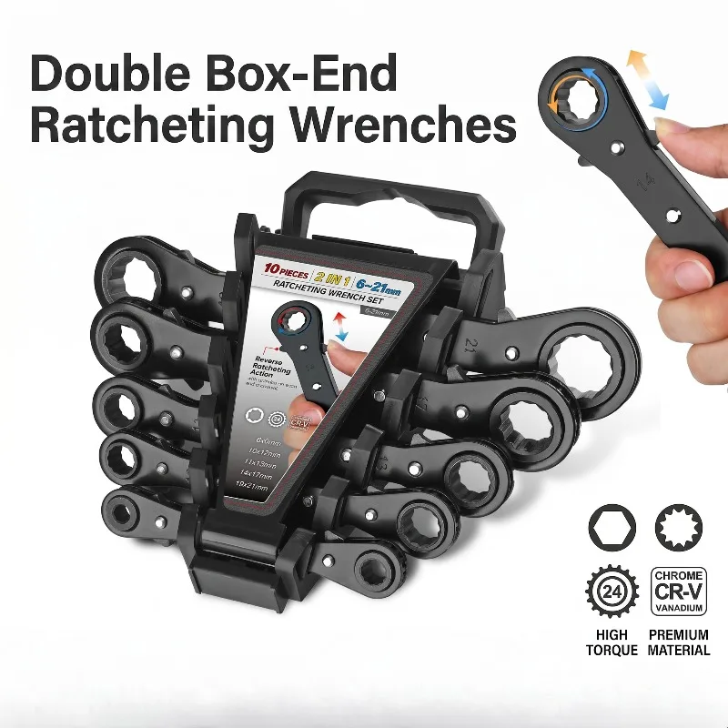 5pcs Dual Head Ratchet Wrench Set,6-21mm CR-V Steel 24-Tooth Reversible Ratcheting Spanner Kit,Offset Wrenches for Auto Repairs
5pcs Dual Head Ratchet Wrench Set,6-21mm CR-V Steel 24-Tooth Reversible Ratcheting Spanner Kit,Offset Wrenches for Auto Repairs